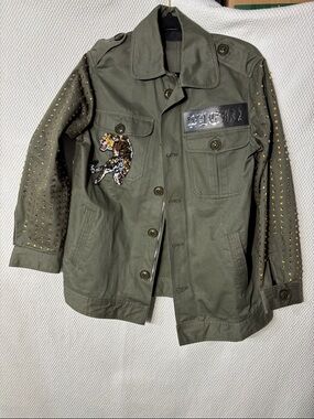 Philipp Plein Sz S Olive Green Military Jacket with Stud Sleeves Sequin Tiger